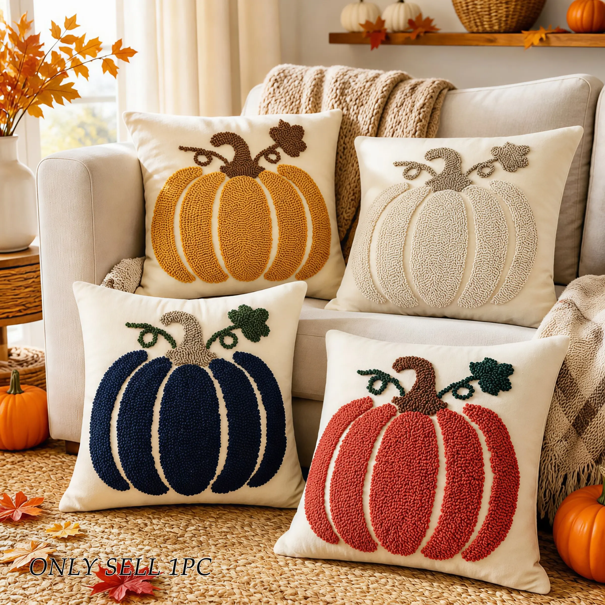 Autumnal Pumpkin Decorative Pillow, Versatile Soft Textile Material, Festive Touch Ambiance, 4 Color Options, 45x45cm Size, Ideal for Living Room & Bedroom Decoration