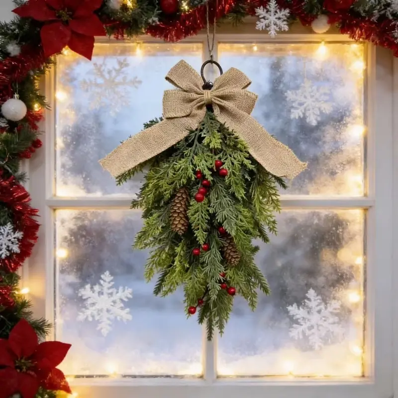 Christmas Teardrop Wreath, Winter Wreath, Decorative Wreath with Berries and Pine Tree, Suitable for Walls, Doors, Stairs, Windows, Indoor Christmas Decorations