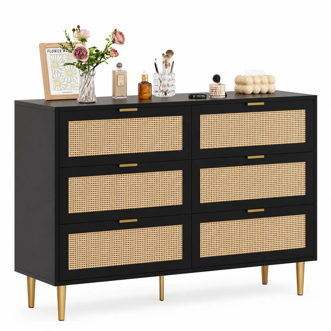 Modern Boho 6-Drawer Rattan Dresser, Wide Double Chest of Drawers with Gold Legs and Handles, Black Wood Aesthetic Accent Storage Cabinet for Bedroom, Living Room & Entryway, Sturdy Clothing Organizer Furniture with Anti-Tip Design, 42.5 Inches Wide