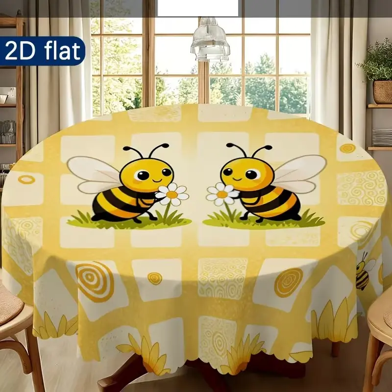 2D Flat Party Tablecloth 1pc, Sunflower Bee Pattern Round Tablecloth, Outdoor Use, Perfect for Dining Tables, Home Decor, Gift Idea