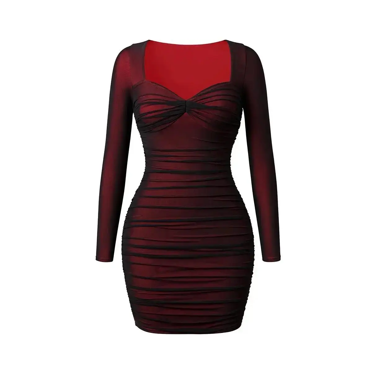 Women Color Block Mesh Bodycon Mini Dress, Sexy Long Sleeve Sweetheart Neck Ruched Party Dress, Trendy Nightclub Evening Outfit