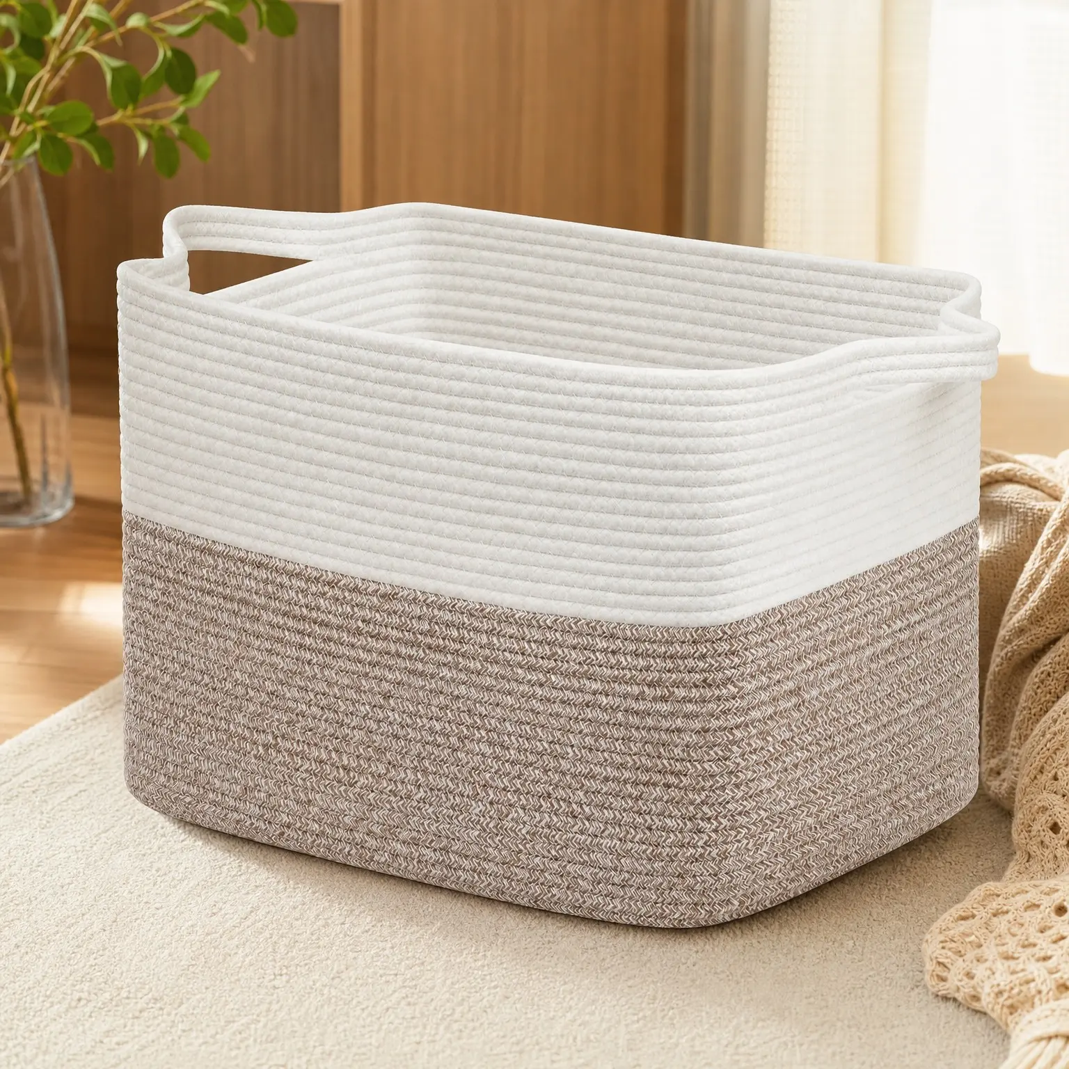 50L Large Cotton Rope Woven Storage Basket, 18" x 14" x 12", Brown | Stylish Gift Basket for Home Decor, Toy & Clothes Storage, Living Room & Bedroom OrganizationGift