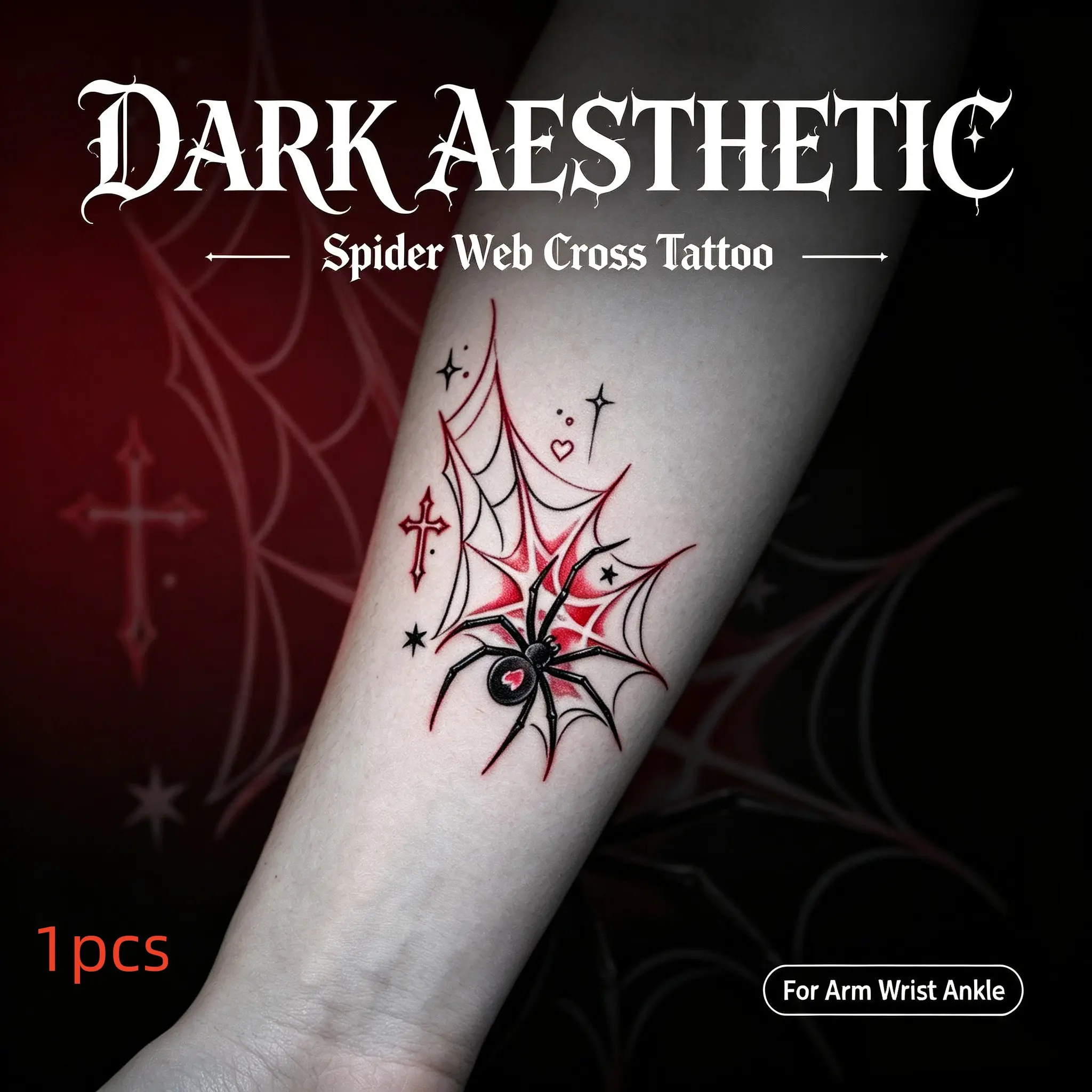 Gothic Spider Web Temporary Tattoo Stickers, Cross & Heart Design, Waterproof Fake Body Tattoo Decals, Long Lasting Spider Tattoo for All Ages