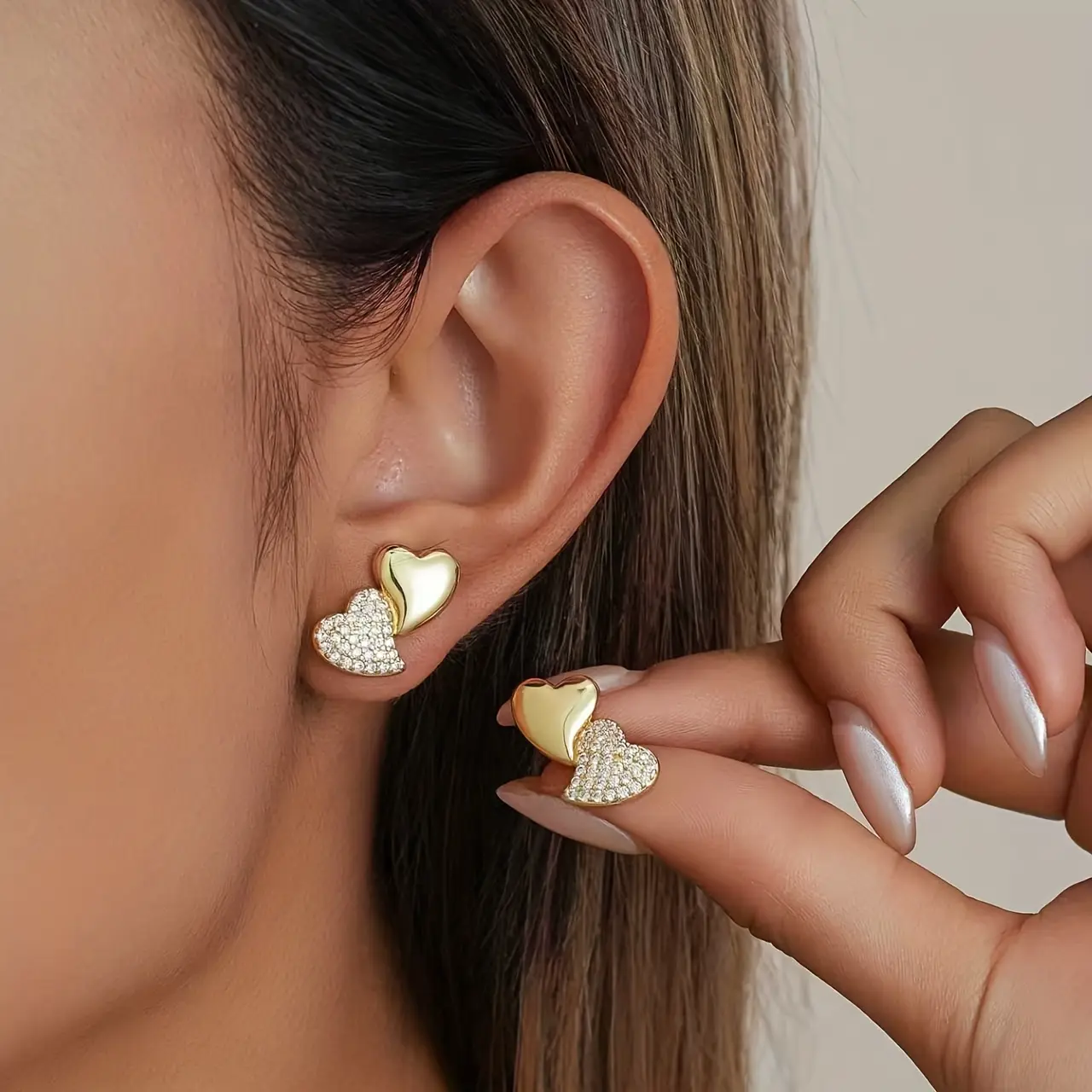 Shiny Zirconia Gold Dual Heart Stud Earrings For Women|Minimal Elegant Double Heart Ear Jewelry, Versatile For Daily Outfits & Party Occasions, Unique Romantic Valentine’s Day Accessory, Sweet Thoughtful Gift For Her
