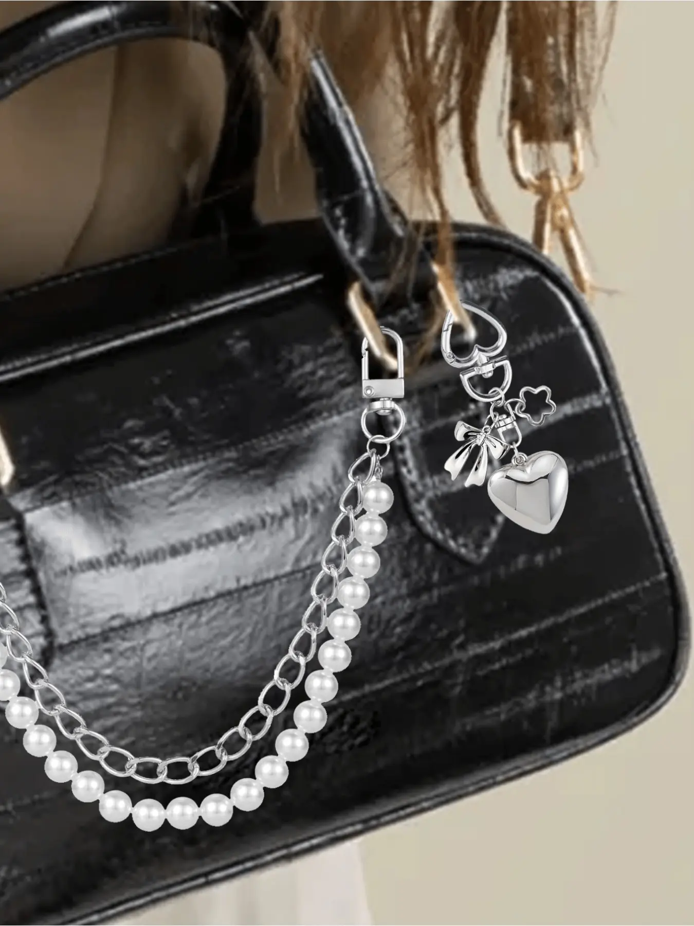 Pearl Chain Bag Pendant, Heart Bow Bag Accessory, Shiny Pearl Waist Belt, Fashion Bag Charms, for Handbag, Backpack, Clutch, Keychain, Phone Charm