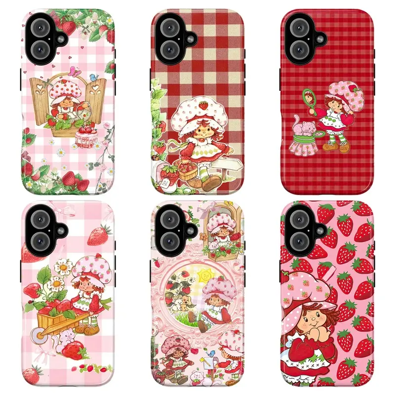 Retro Checker-Stripe Strawberry Shortcake Smartphone Case - Durable Shockproof Casing Cover, Sweet Protective Shell for Cellphone Devices, Gift for Her