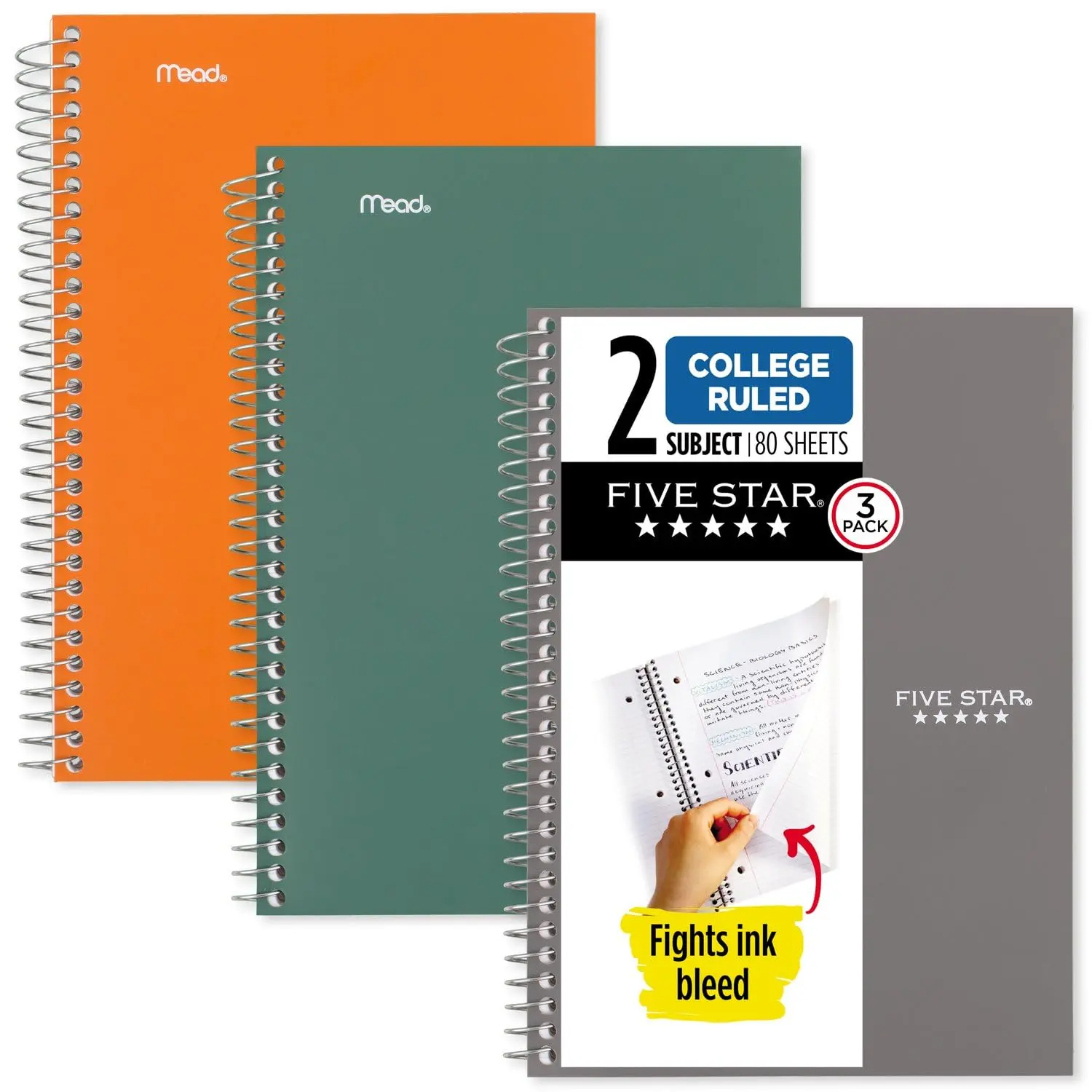 Spiral Notebooks, 3 Pack, 2 Subject, College Ruled, 9 1/2" x 6", 80 Sheets, Seaglass Green, Sedona Orange, Gray (840029B-ECM)