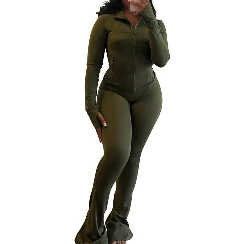 Women’s 2Piece Lounge Set – Cozy ZipUp Crop Jacket  Flare Pants Tracksuit |           Stretchy Workout Outfit Home, Gym  Streetwear