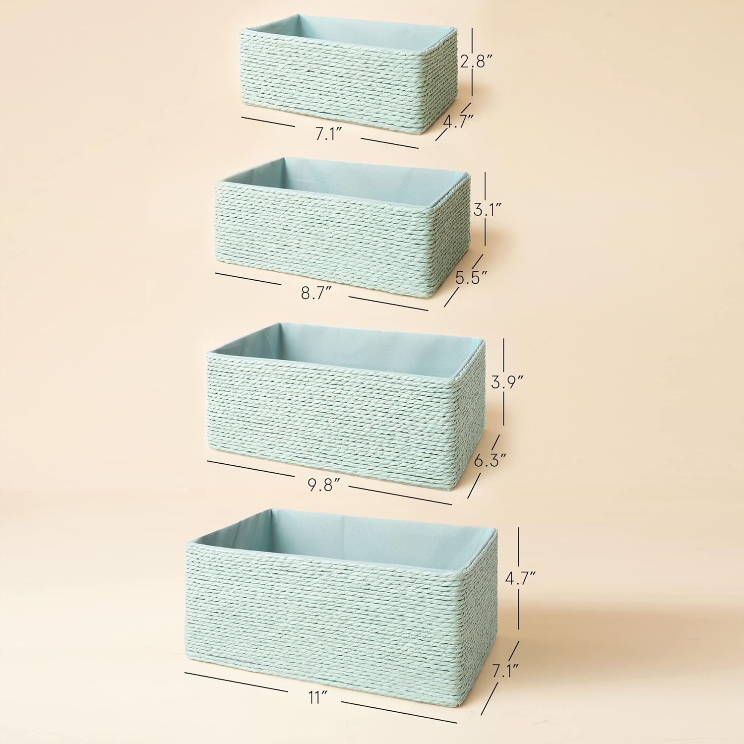 Storage Baskets Set 4 - Stackable Woven Basket Paper Rope Bin, Storage Boxes for Makeup Closet Bathroom Bedroom (Light Green)