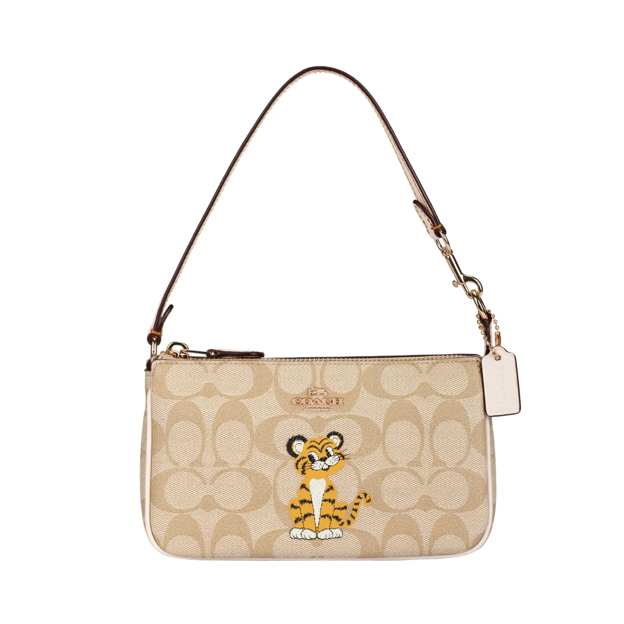 COACH Nolita Classic Logo Cartoon Print Clutch Bag for Women, Small Size, Canvas and Pebbled Leather, Khaki and White