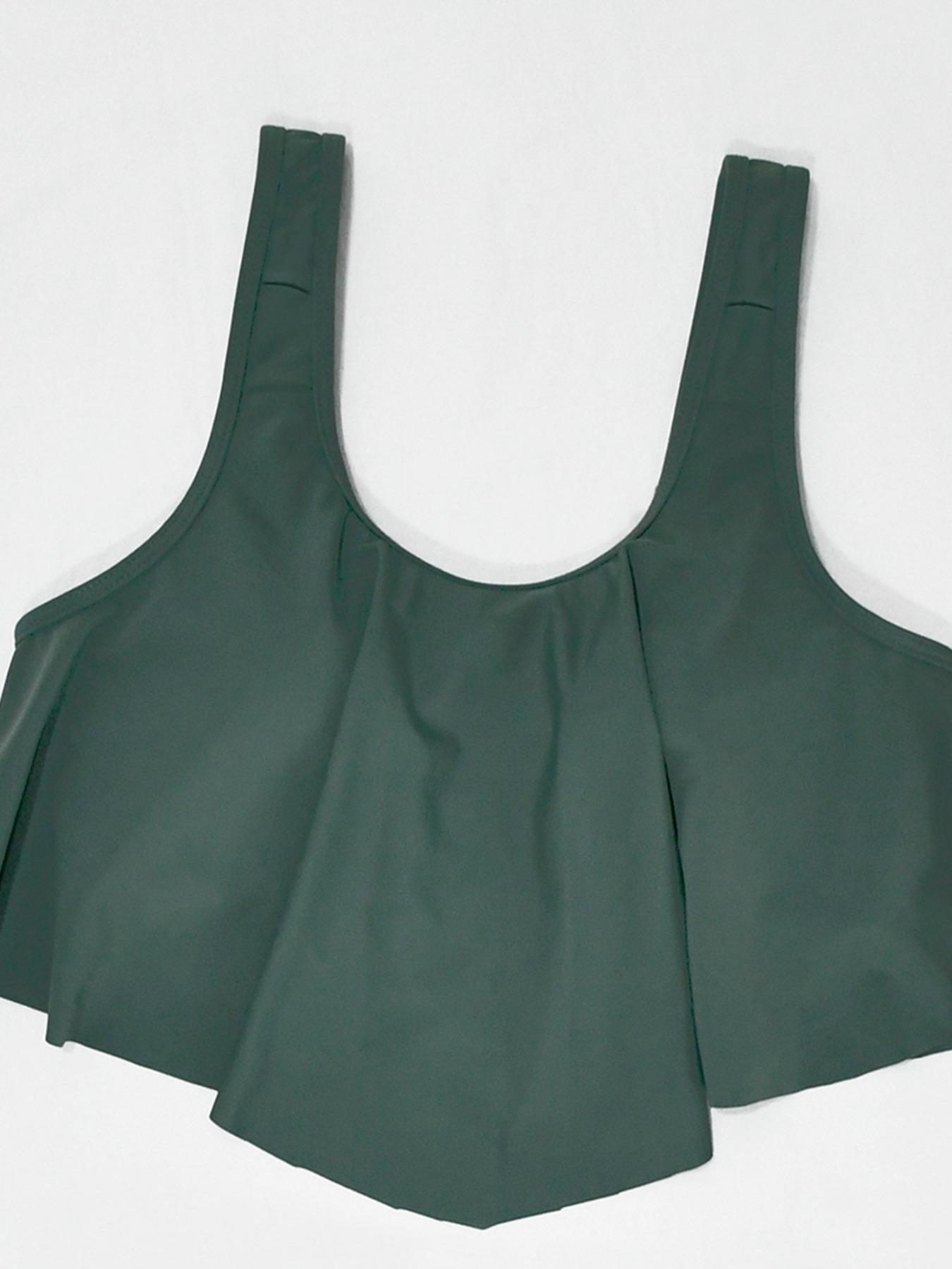 Two-Piece Set Women's Solid Ruched Ruffle Hem Tankini Set, Casual Scoop Neck Adjustable Strap Swim Top & High Waist Swim Bottom Two-piece Swimsuit for Summer, Fashion Women's Swimwear for Beach Holiday Vacation, Tankini Swimsuits