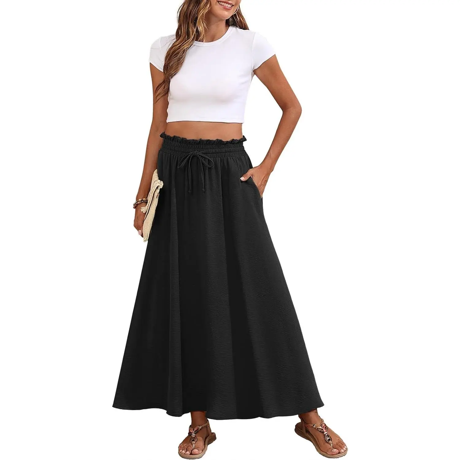 Womens Maxi Skirt Summer Tie Knot Elastic High Waisted Boho Casual Beach Flowy Swing Long Skirts with Pockets