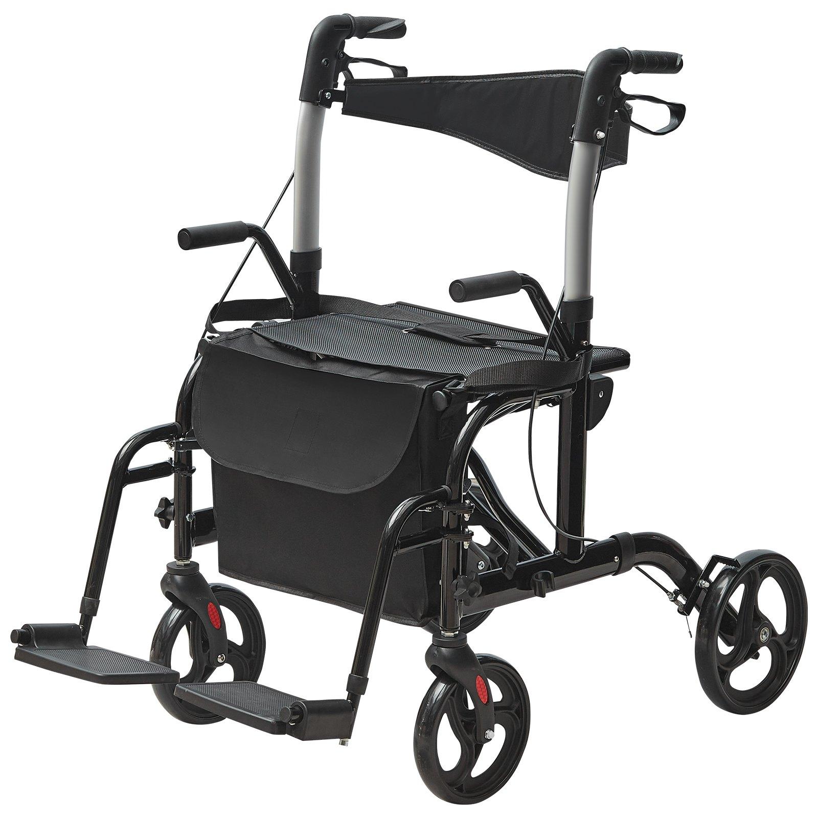 VEVOR 2 in 1 Rollator Walker & Transport Chair for Seniors, Folding Rolling Walker Wheelchair Combo & Footrests, Lightweight Aluminum Mobility Walker with Adjustable Handle, All Terrain Wheels, 300LBS