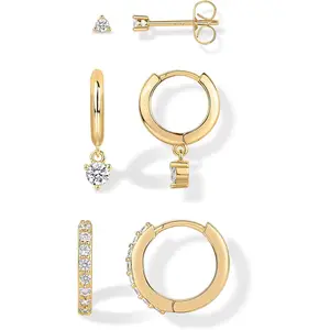 18K Gold Plated 925 Sterling Silver Posts Three Pairs Statement Earrings for Women - Cubic Zirconia Gold Earring Pack - Front Back Ear Jacket Crawler Stud Huggie Piercing Jewelry SetGift.