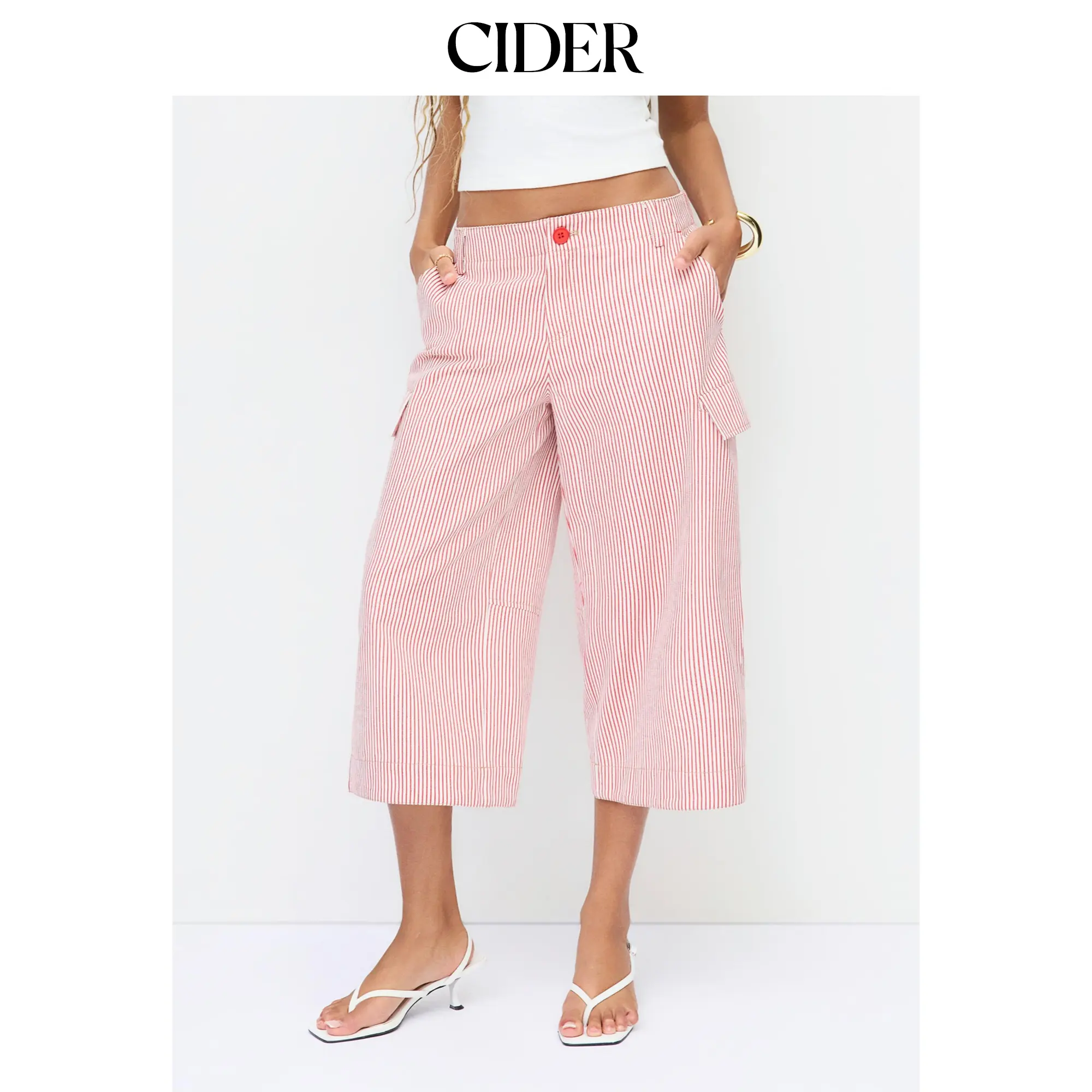 Cider Cotton-blend Mid Rise Striped Cargo Barrel-leg Capri Trousers