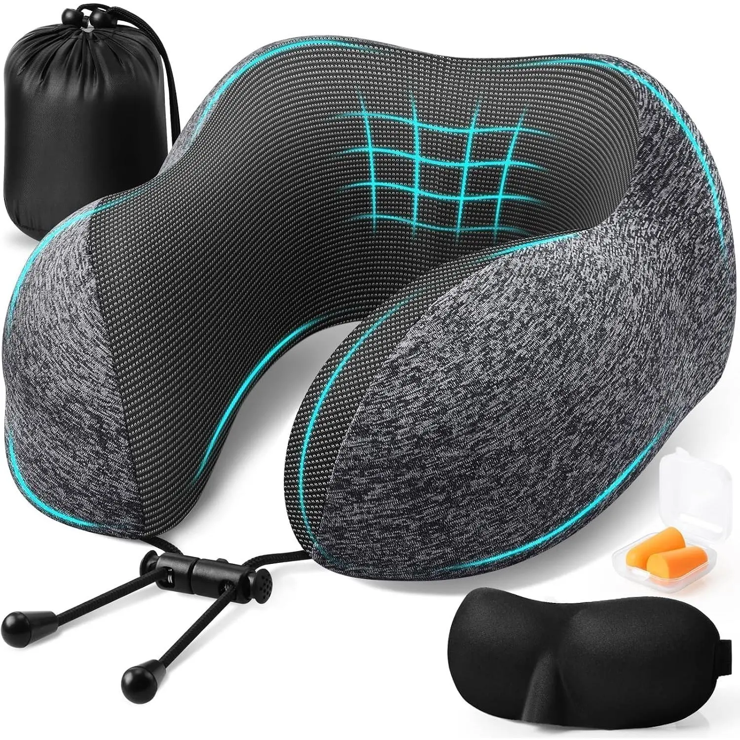 Memory Foam Grey Travel Neck Pillow for Airplane, Neck Pillow Set with Eye Mask and Earplugs