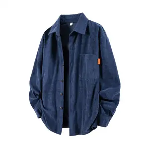 Thick Corduroy Shirt Jacket for Men, Vintage Plain Long Sleeve Button-Up Top with a Single Chest Pocket for Casual Autumn Streetwear