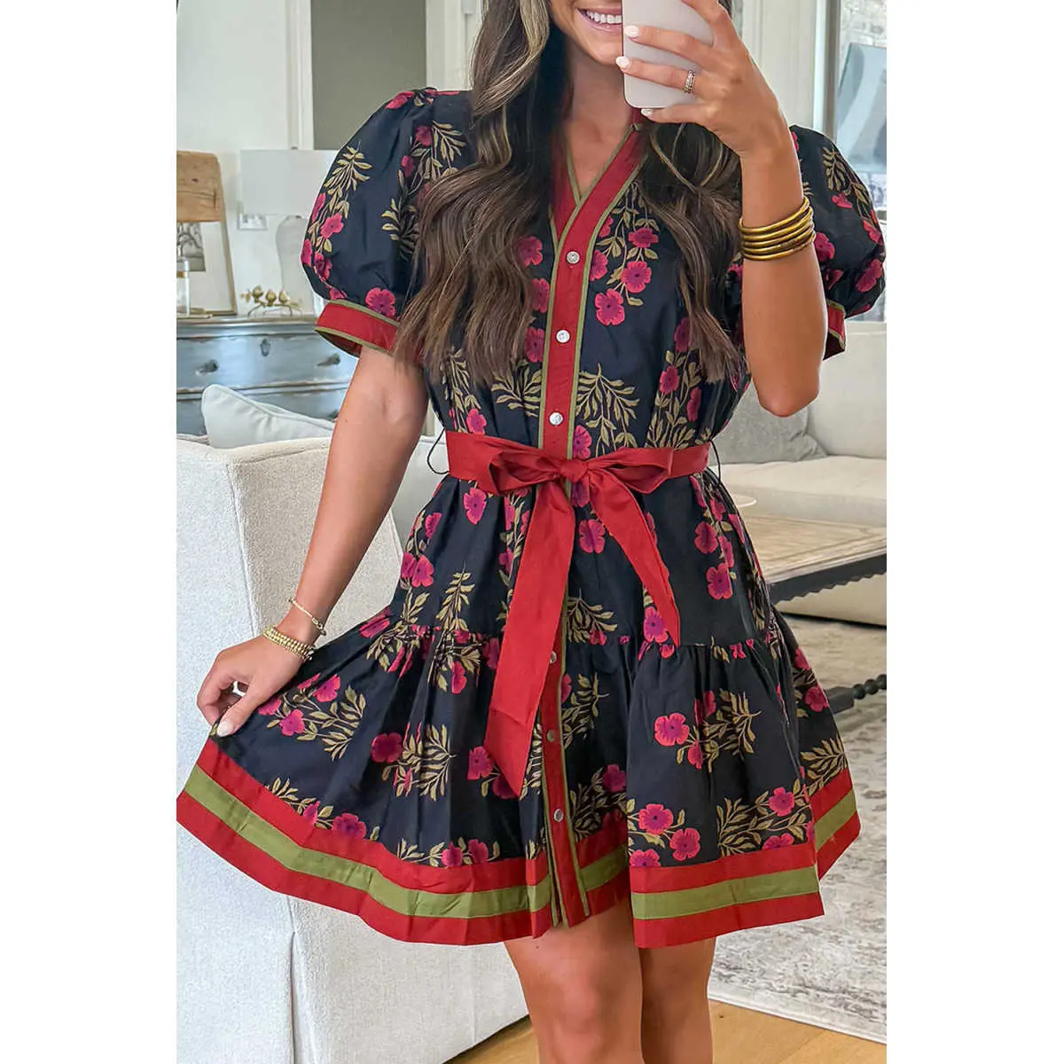 Black Retro Floral Print Button Down Belted Short Puff Sleeve Mini Dress with Side Pockets