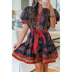 Black Retro Floral Print Button Down Belted Short Puff Sleeve Mini Dress with Side Pockets