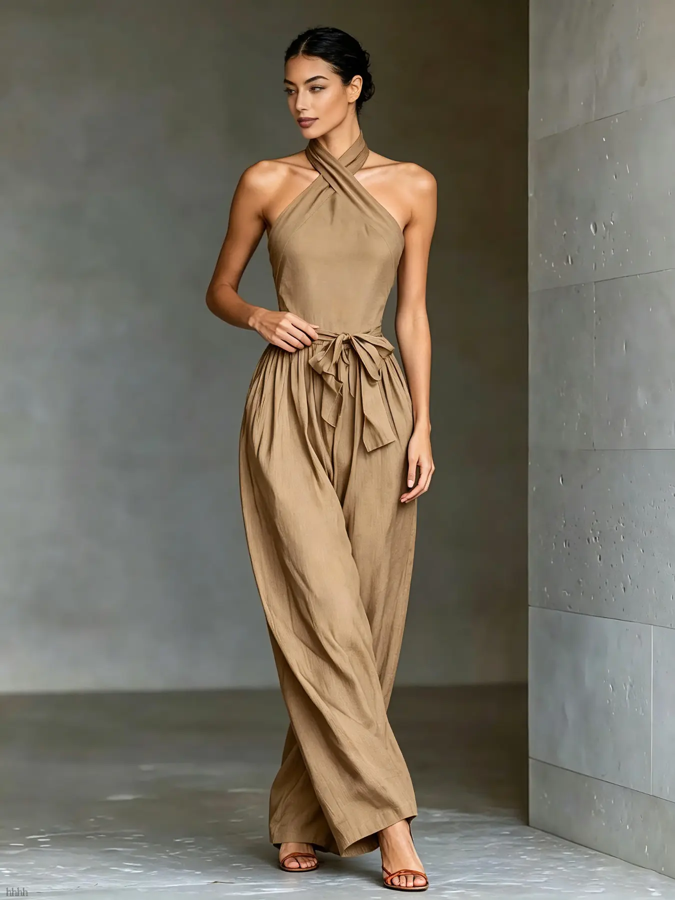 Women's Elegant Cross-Neck Jumpsuit, Tie-Waist Belt Wide Leg Pants, Minimalist Luxury Home Sleepwear, Vacation Casual Set