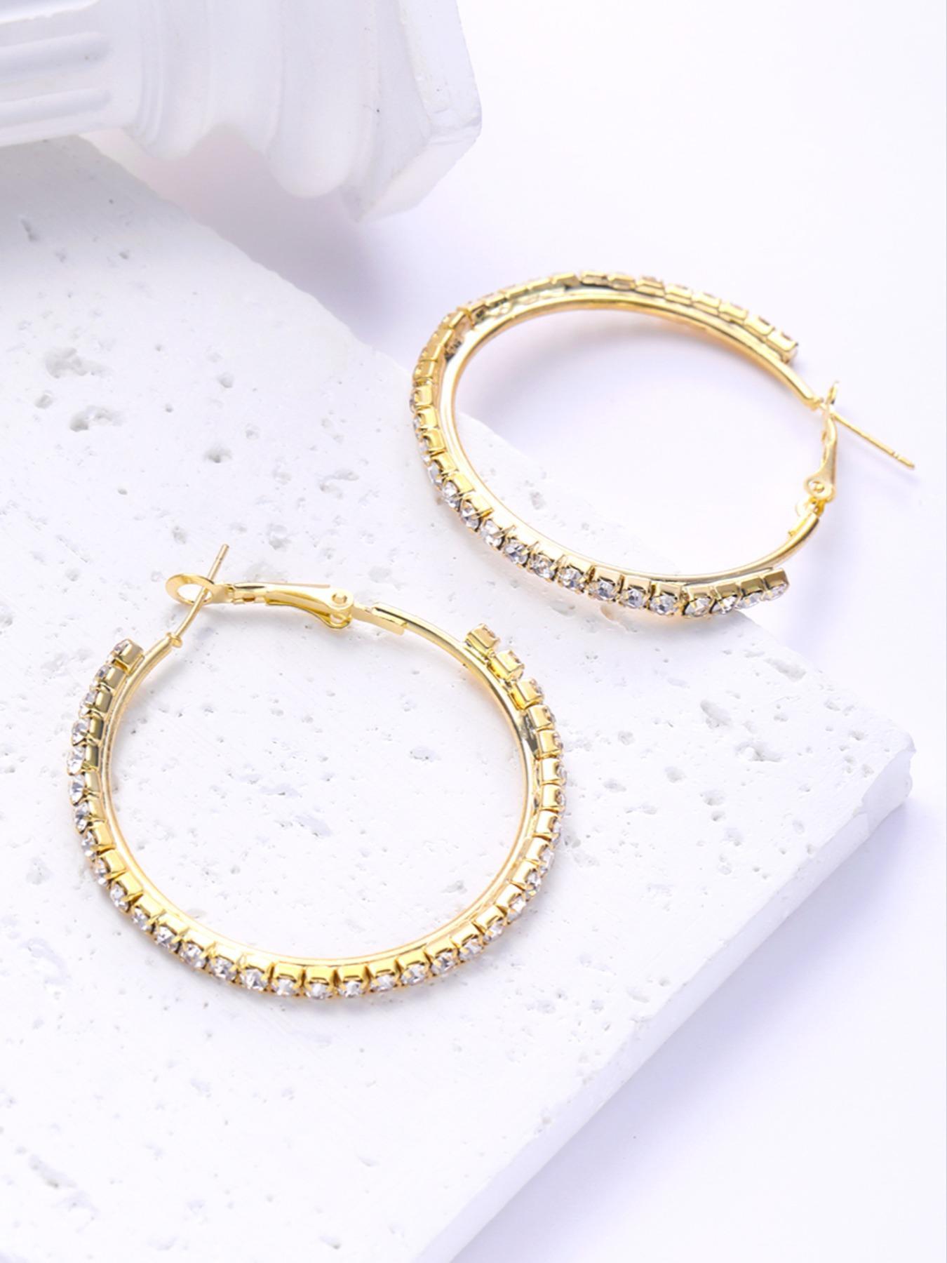 1 Pair Women's Elegant Rhinestone Decorated Hoop Earrings, Casual Trendy Hoop Earrings, Fashionable Jewelry for Party & Daily Decoration