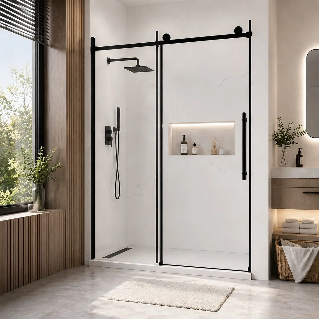 60" W x 73" H ARCH Soft Close Sliding Frameless Shower Door - 8mm Nano Explosion-Proof Tempered Glass, Non-Porous Easy-Clean Surface, Matte Black Aluminum Frame, American Design, Waterproof Seal, Installation Hardware, Bathroom Fixtures