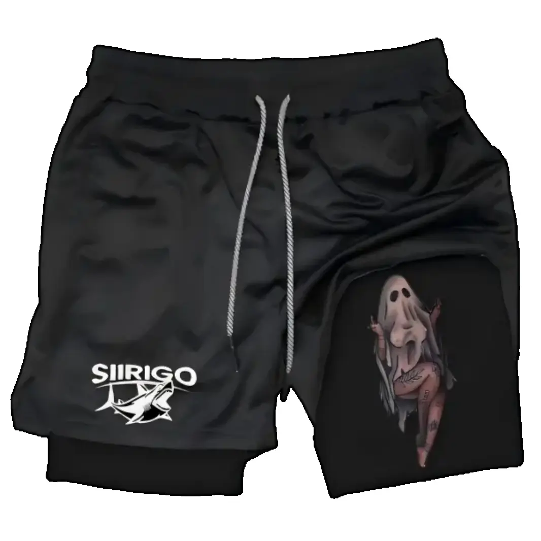Men's 2-in-1 Quick-Dry Running Gym Shorts, Bilayer Athletic Compression Liner Workout Shorts, Aesthetic Tattoo Ghost Graphic, Y2K Grunge Streetwear Sports Activewear for Fitness, Basketball, Training, Outdoor, Summer Outfit Gift for Men