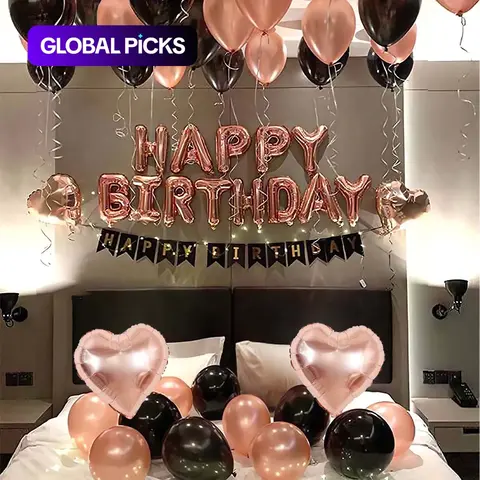 43pcs/set 16-inch Rose Gold 'Happy Birthday' Banner Balloon Set, Balloon Decorations Kit, Decorations for Birthday Party, Wedding, Graduation, Heart Shaped Balloons, Balloon Party Supplies #GLOBAL PICKS