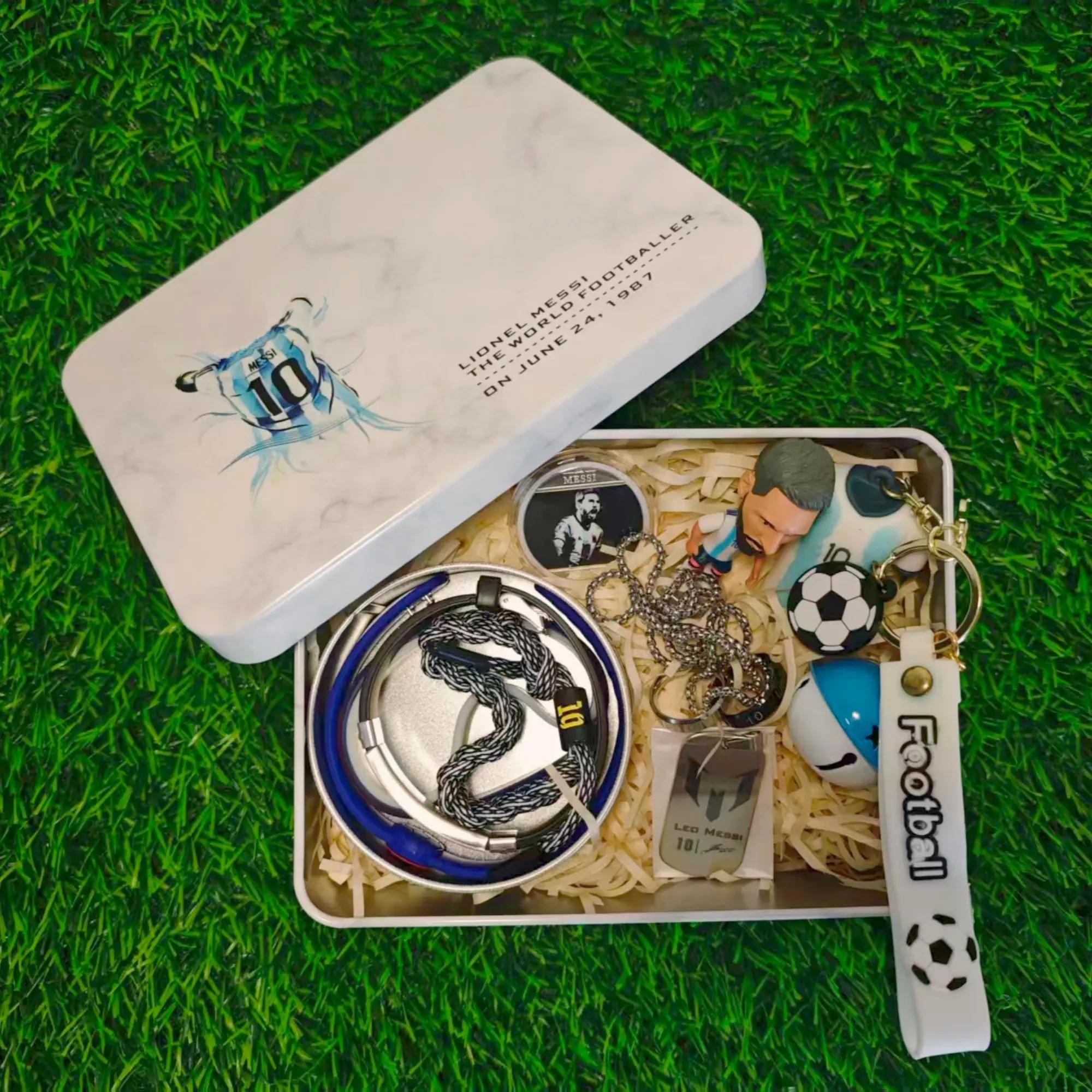 LM10 Theme Iron Tin Soccer Fan Ultimate Gift Bundle (1 Keepsake Box,1 Keychain,1 Figure,1 Necklace,2 Rings,1 Commemorative Coin,5 Wristbands) - 13-Item Premium Inter Miami Argentina No.10 Match Day Souvenir Set