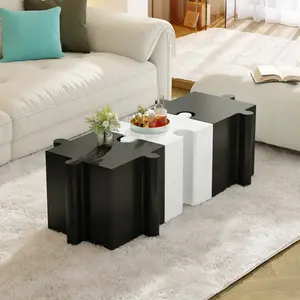 3-Piece Artistic Puzzle Table Set,Modular MGO Side Tables with Interlocking Design (2 Convex & 1 Concave), 200lb Capacity for Indoor & Outdoor,Black & White Color