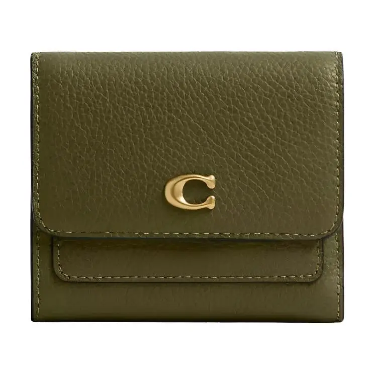 COACH Mila 11 Small Wallet for Women – Polished Pebbled Leather with Gold-Tone Hardware in Olive and Brass