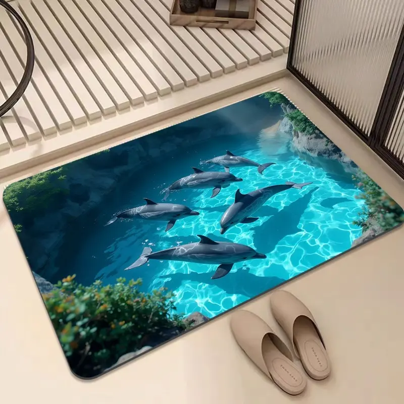 Multi-Size 3D Optical Illusion Flannel Bath Mat - 100% Polyester Rectangle, Thermal, Anti-Slip, Suction Design, Water-Resistant, Cozy, Novelty Dolphin Undersea Print, Ocean Decor for Bathroom Shower/Toilet, Anti-Slip Water-Resistant Bath Mats, Novelty Pri