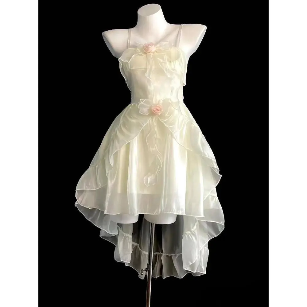 Summer Elegant Ruffles Chic Rose Fairy Dress Women Sweet Korean Style Sleeveless Female Slash Neck Evening Party Princess Dress