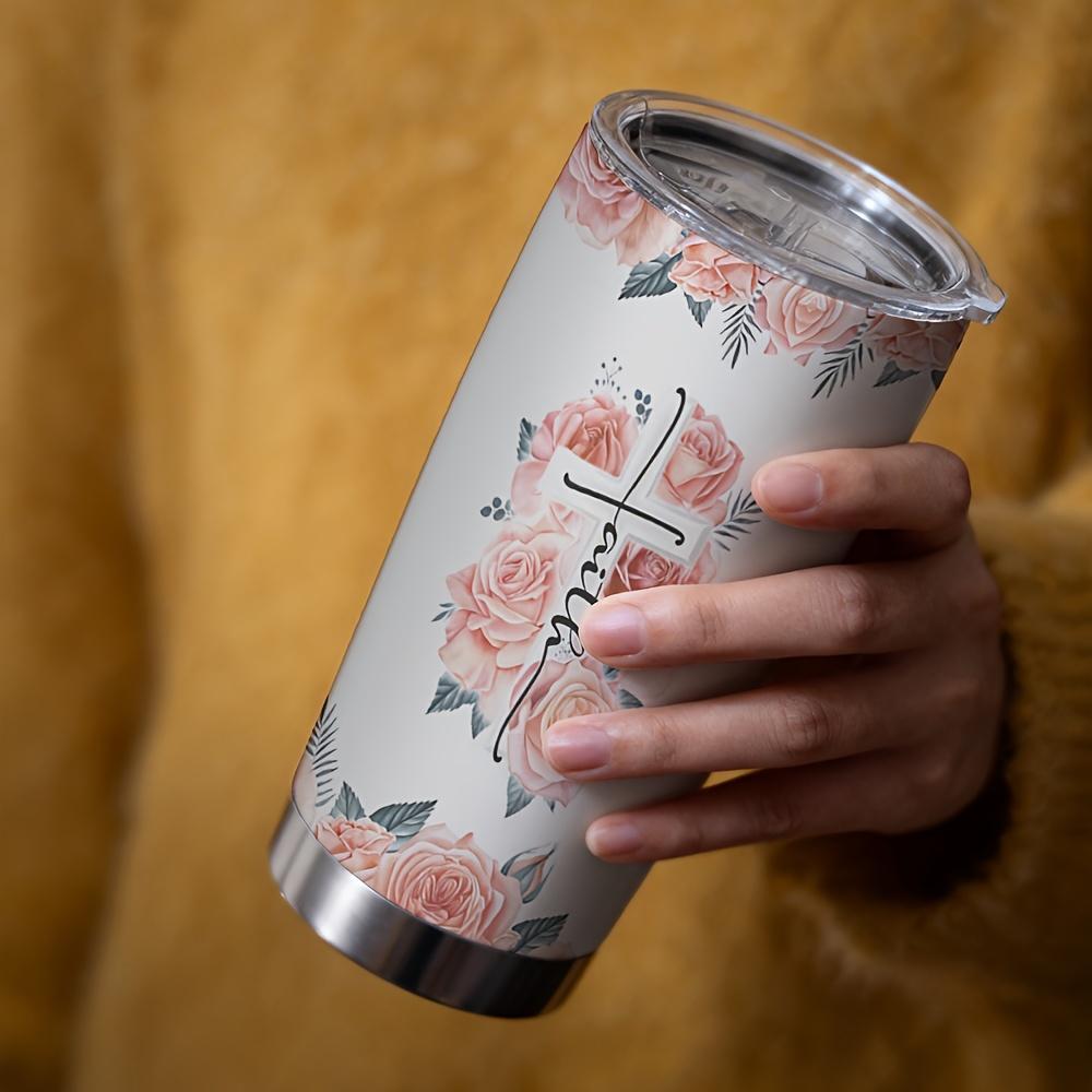 20oz Stainless Steel Tumbler with Lid & Straw - Vacuum Insulated, Double-Wall Travel Mug, Portable Cup with Time Marker Markings & Flower for Coffee, Tea, Juice - Gift for / (Valentine's, Mother's