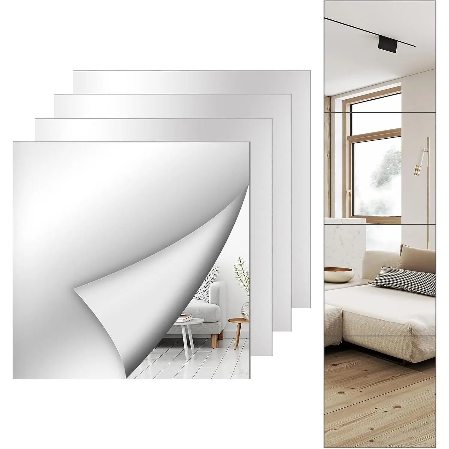 4 Pack Wall Mirror Full Length, 12 x 12 Inch Acrylic Mirror Tiles, Shatterproof Flexible Plastic Mirror Sheets for Bedroom Home Gym Door
