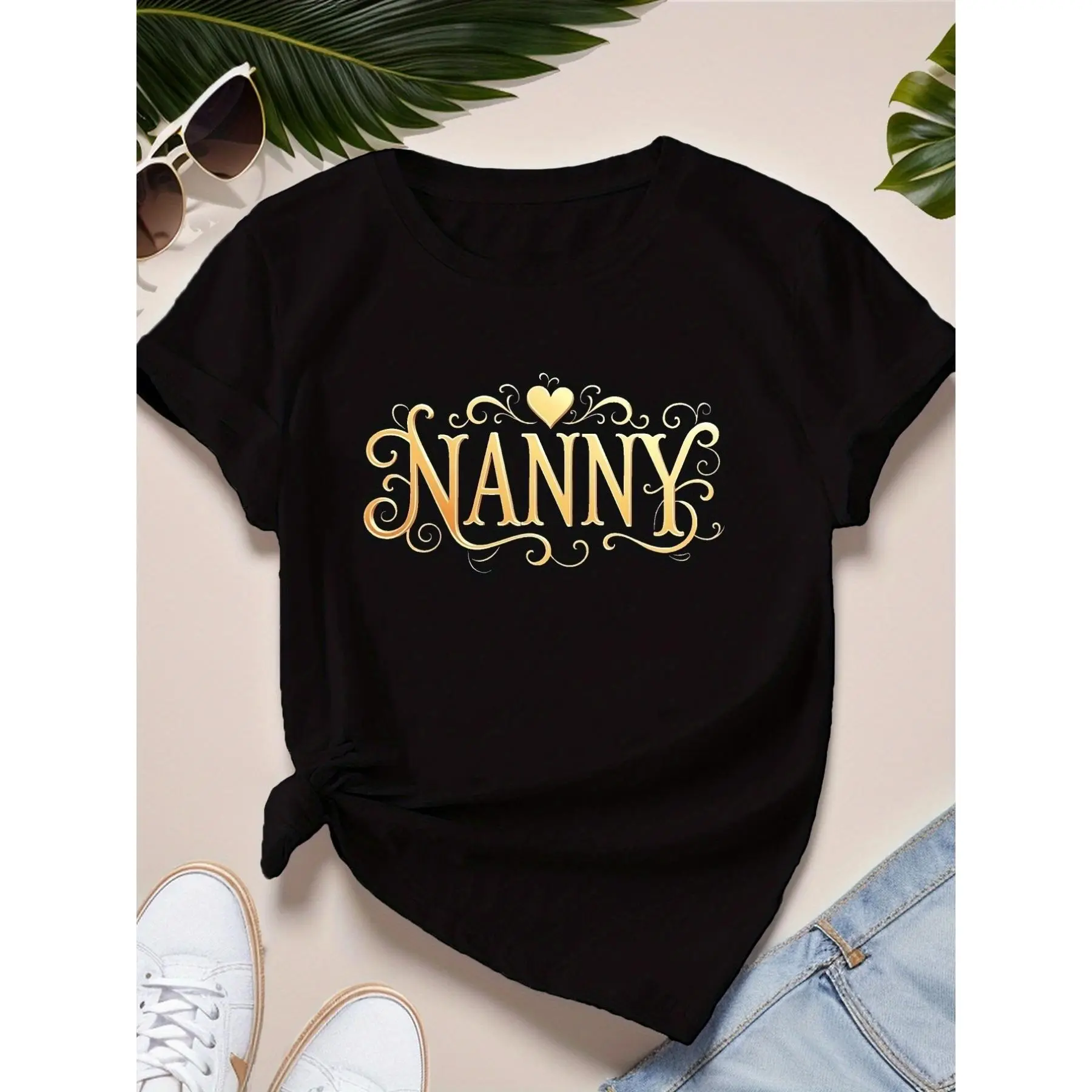 Women'S Plus Size T-Shirt Black & Golden nanny Text Design Breathable Summer Shirt for Nannies caregivers Moms Machine Washable Casual Top Caregiver Outfit Graphic Comfort, Seasonal Fashion, Retro Design, Comfortable Fit