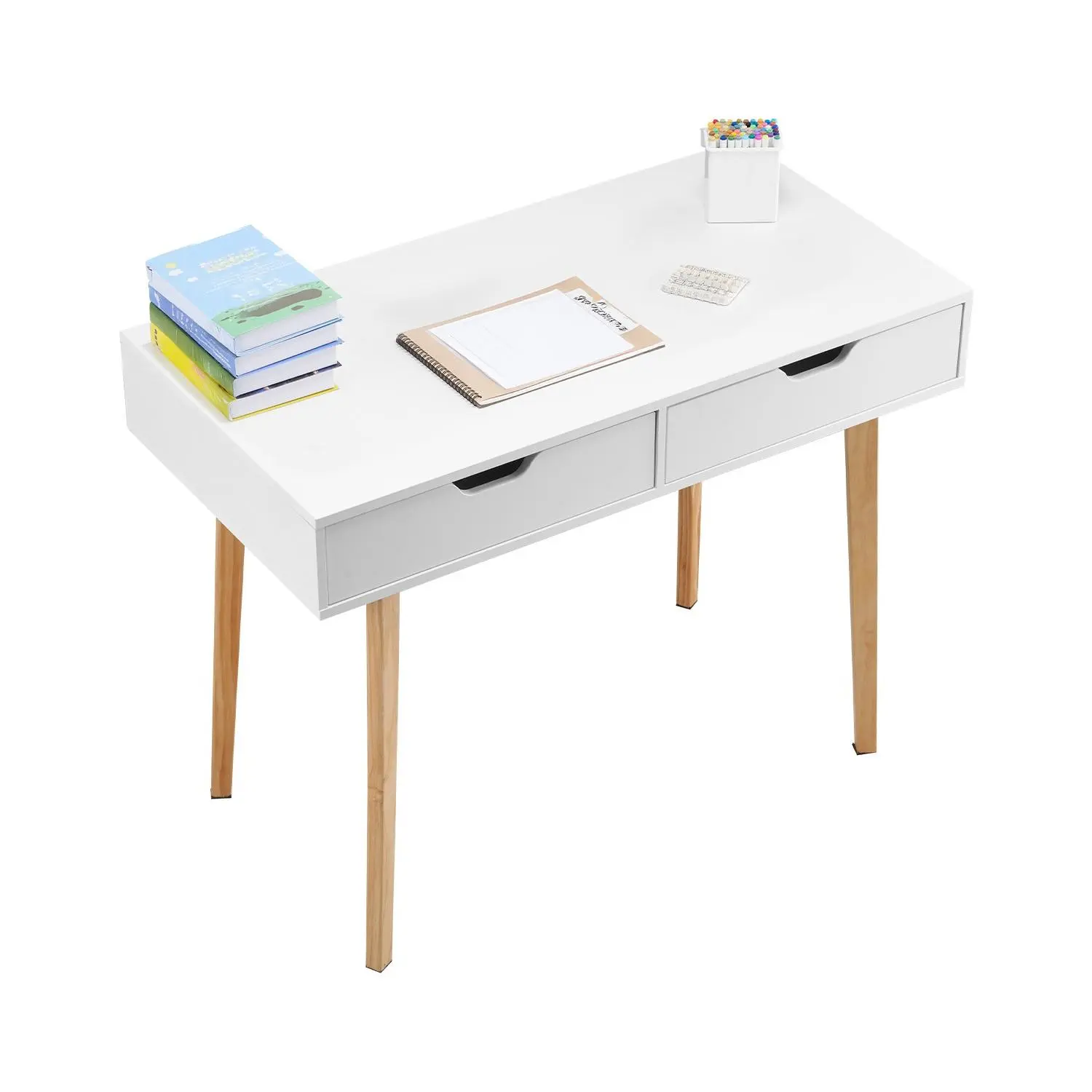 VEVOR Small Desk with Drawers, Kids Desk for Bedroom, Wooden Simple Study Table for Drawing, Reading, Writing, Rectangle MDF Furniture Study Storage Table for Home, Office, White+ Wood
