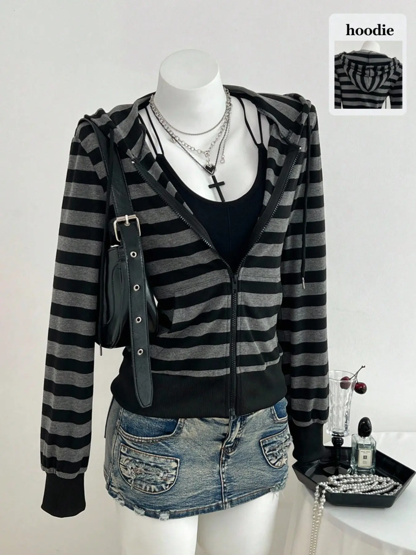 Street Fashion Retro Hooded Zipper Striped Jacket, Thin Outerwear for Fall & Winter, Casual Long Sleeve Loose-Fit Top