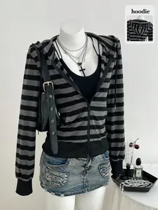 Street Fashion Retro Hooded Zipper Striped Jacket, Thin Outerwear for Fall & Winter, Casual Long Sleeve Loose-Fit Top