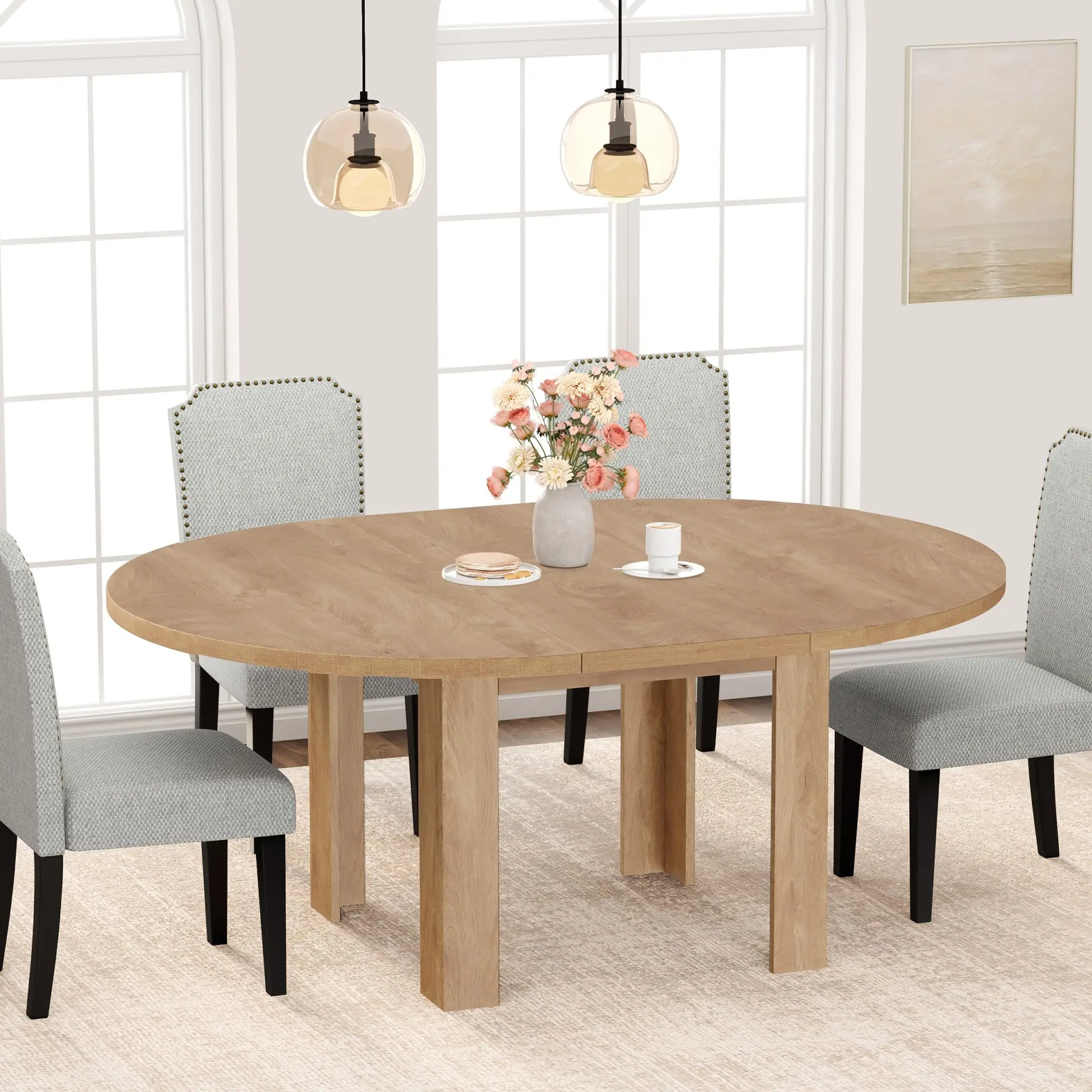 Garvee 47 in-63 in Extendable Round to Oval Dining Room Table for 4-6, Natural Wood