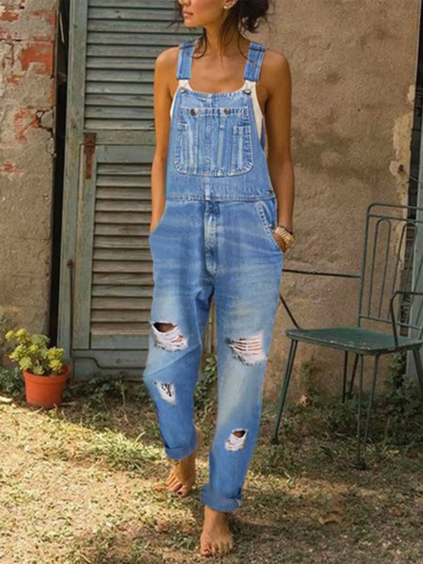 Women's Denim Jumpsuit Bib Pants, Multi-Pocket Ripped Comfortable Loose Design, Trendy Street Casual Style, Perfect for Daily