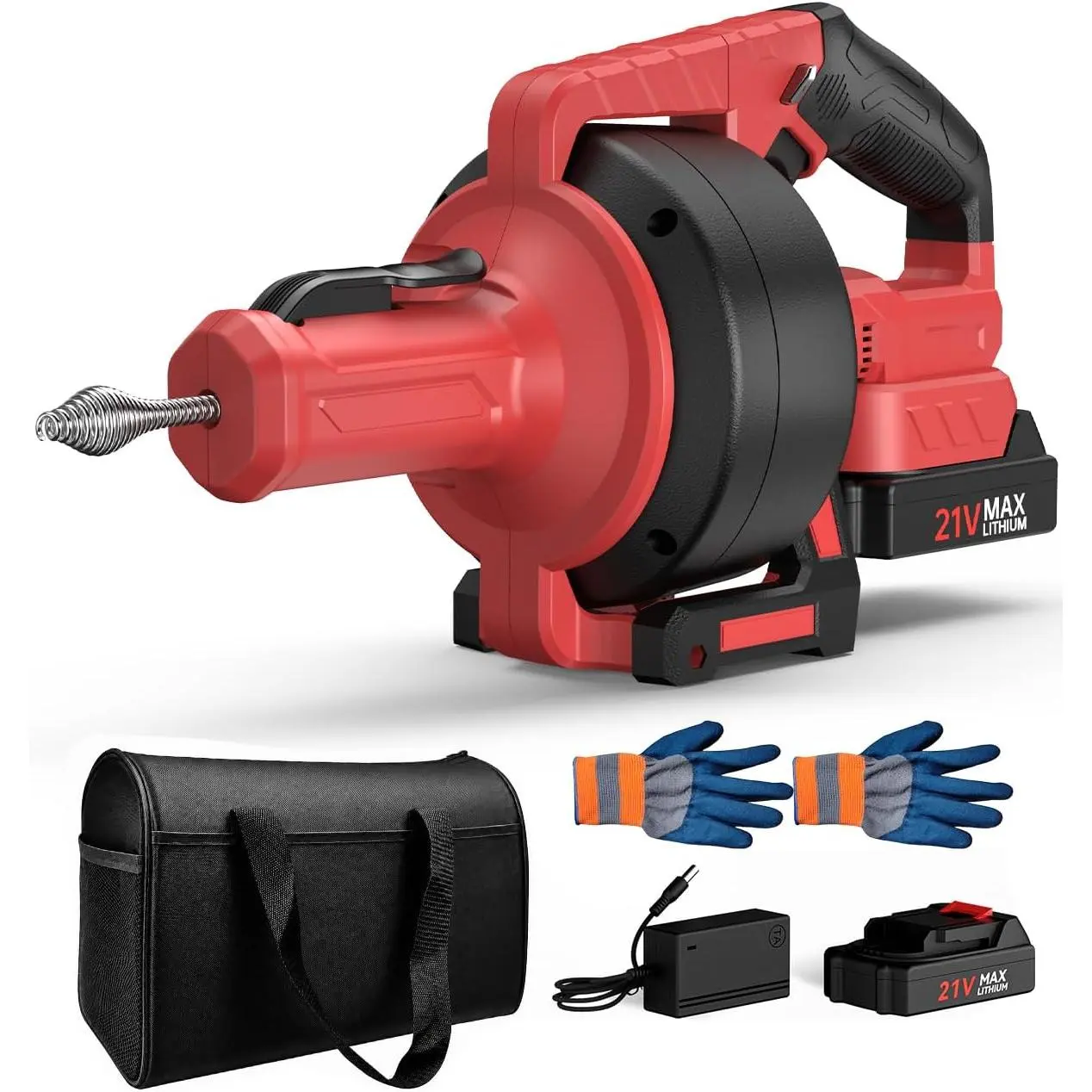 21V Cordless Electric Drain Auger, 25Ft Auto Feed Drain Snake for Clog Remover with 2.0Ah , Plumbing Snake for Sink Toilet Bathroom Shower Pipes 3/4"-2.95", Included Bag Gloves Rag