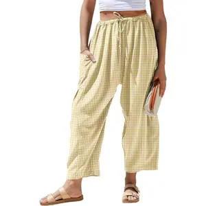 Womens Linen Wide Leg Striped Pants Casual Barrel Loose Drawstring Low Waist Palazzo Harem Pants with Pockets