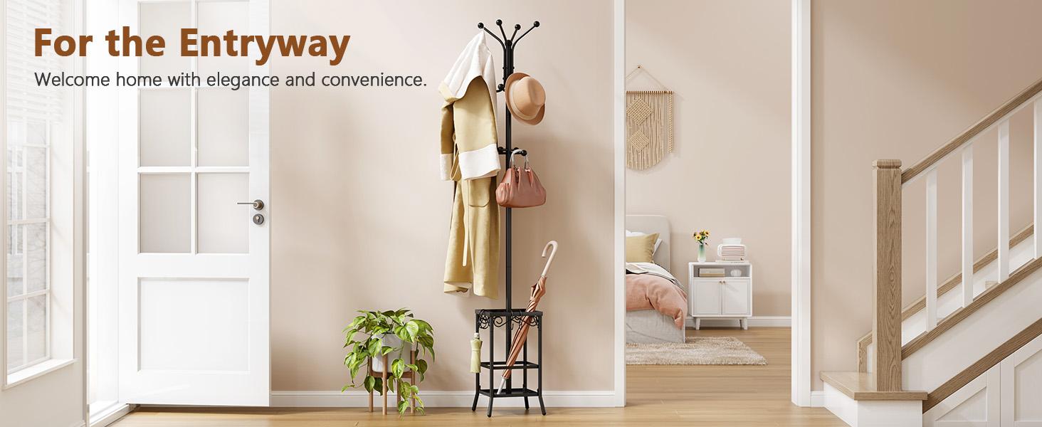 Coat Rack Freestanding, Coat Tree with Umbrella Holder, Metal Coat Rack Stand with 12 Hooks, Standing Coat Hanger Stand, Umbrella Stand for Entryway, Hat Rack Stand for Home Office, Black