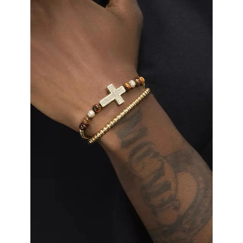 Men's Rhinestone Decorated Cross Beaded Bracelets, Casual Trendy Beaded Bracelets, Fashionable Jewelry for Daily & Party Decoration, Fashion Cross Bangle, Cross Charm Bangle, Beaded Bracelet Set, Trendy Jewellery Accessories