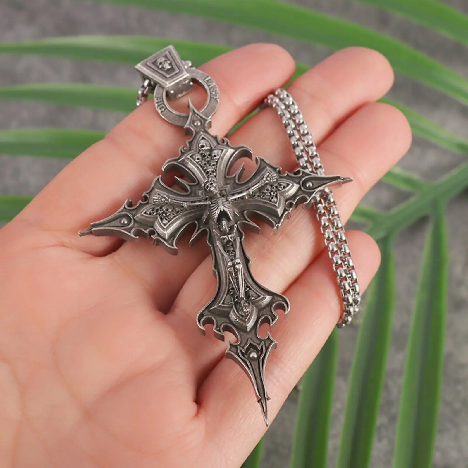 Unisex Gothic Punk Biker Skull Cross Statement Necklace, Tarnish-Resistant Stainless Steel Antique-Look Jewelry on a Box Chain, Cross Necklace