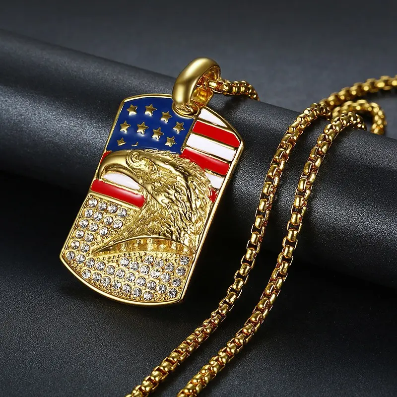 Unisex Gold-Plated Alloy American Eagle Pendant Necklace - 33g (Approximately 33g), About 60cm, Diamond-Encrusted Hip-Hop Costume Jewelry Gift, 33 Grams