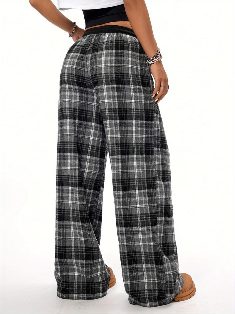 Women's Plaid Print Drawstring Waist Wide Leg Pants, Casual Streetwear Pants, Casual Comfy Pocket Trousers for Daily Wear, Ladies Bottoms for All Seasons