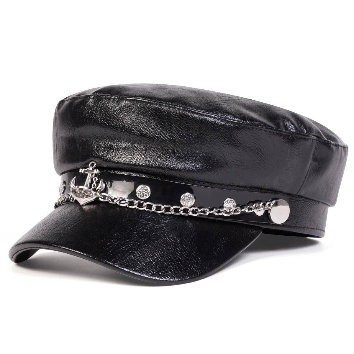 Unisex Ship Anchor Chain Buckle Leather Hat Spring Autumn Sailor Hats Black Beret Cap Men Flat Top Captain Military Caps