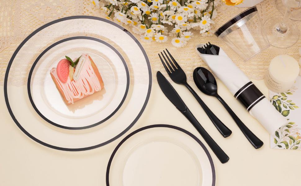350PCS Clear & Black Disposable Plates Set – 100 Plates, 50 Cups, 50 Pre-Rolled Napkins & Cutlery for 50 Guests with Fashion Design 350PCS Clear & Black Disposable Plates Set – 100 Plates, 50 Cups, 50 Pre-Rolled Napkins & Cutlery for 50 Guests with Fashion Design